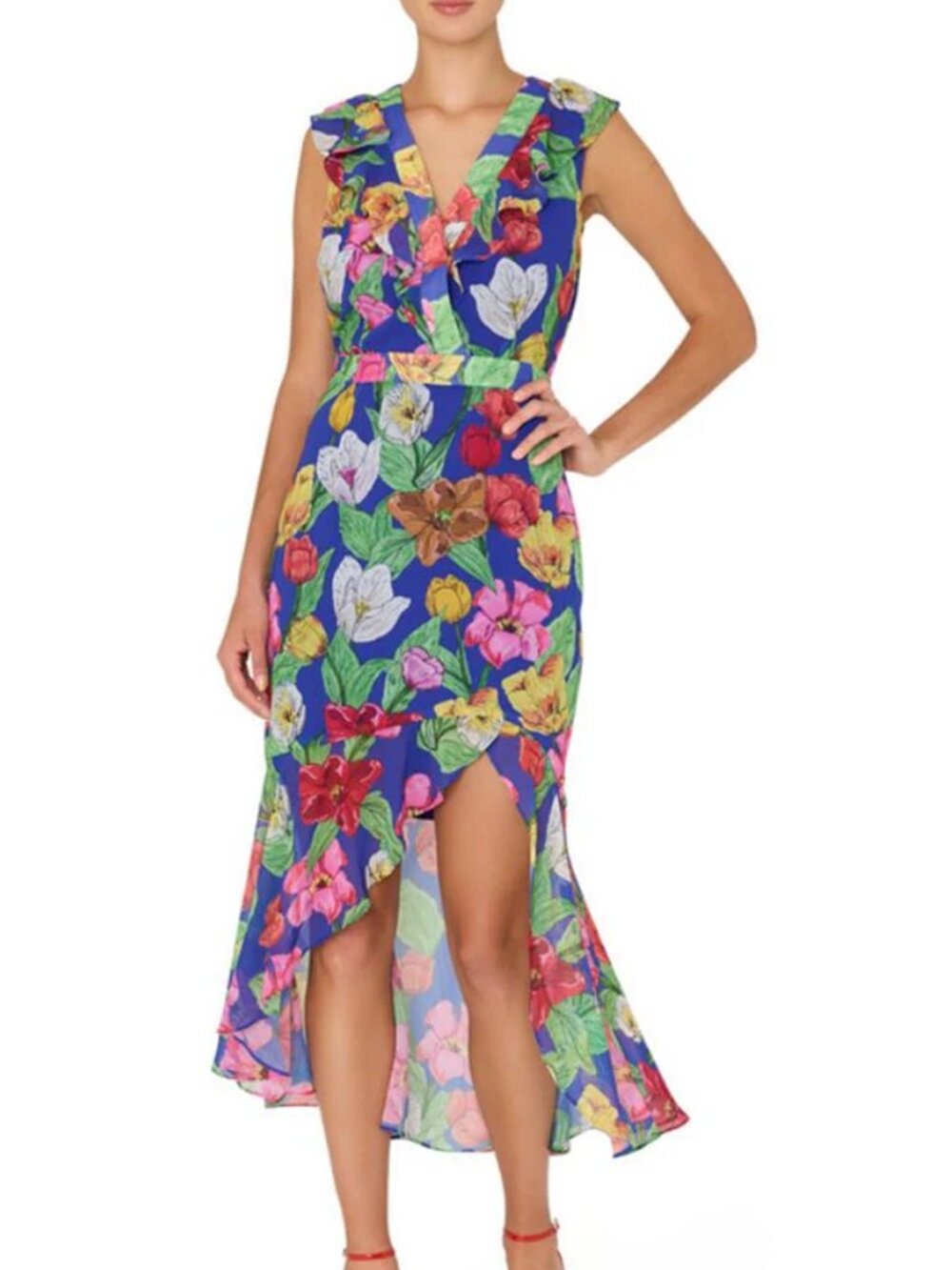 NWT MILLY Tulip Rosette Ruffle Dress Royal Blue Multi 4 $395